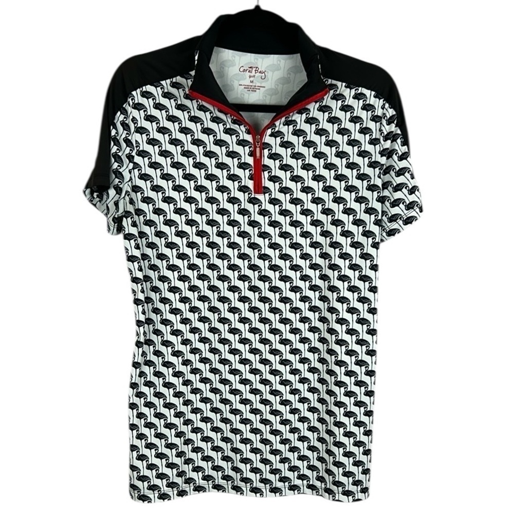 Coral Bay Golf Sporty Flamingo Short Sleeve Quarter Zip Tee Medium Black White